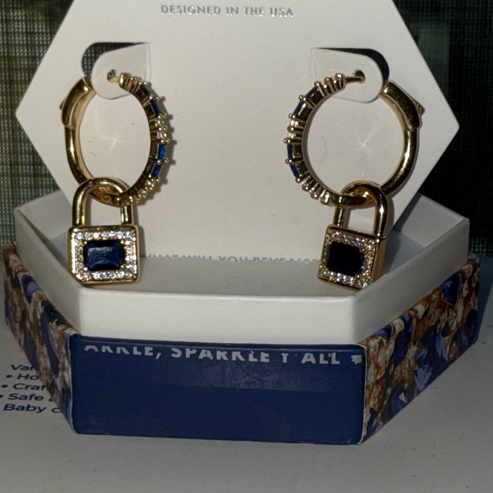 Bomb Party Gold and Lab Created Sapphire Hoop Earrings with Lock Charm